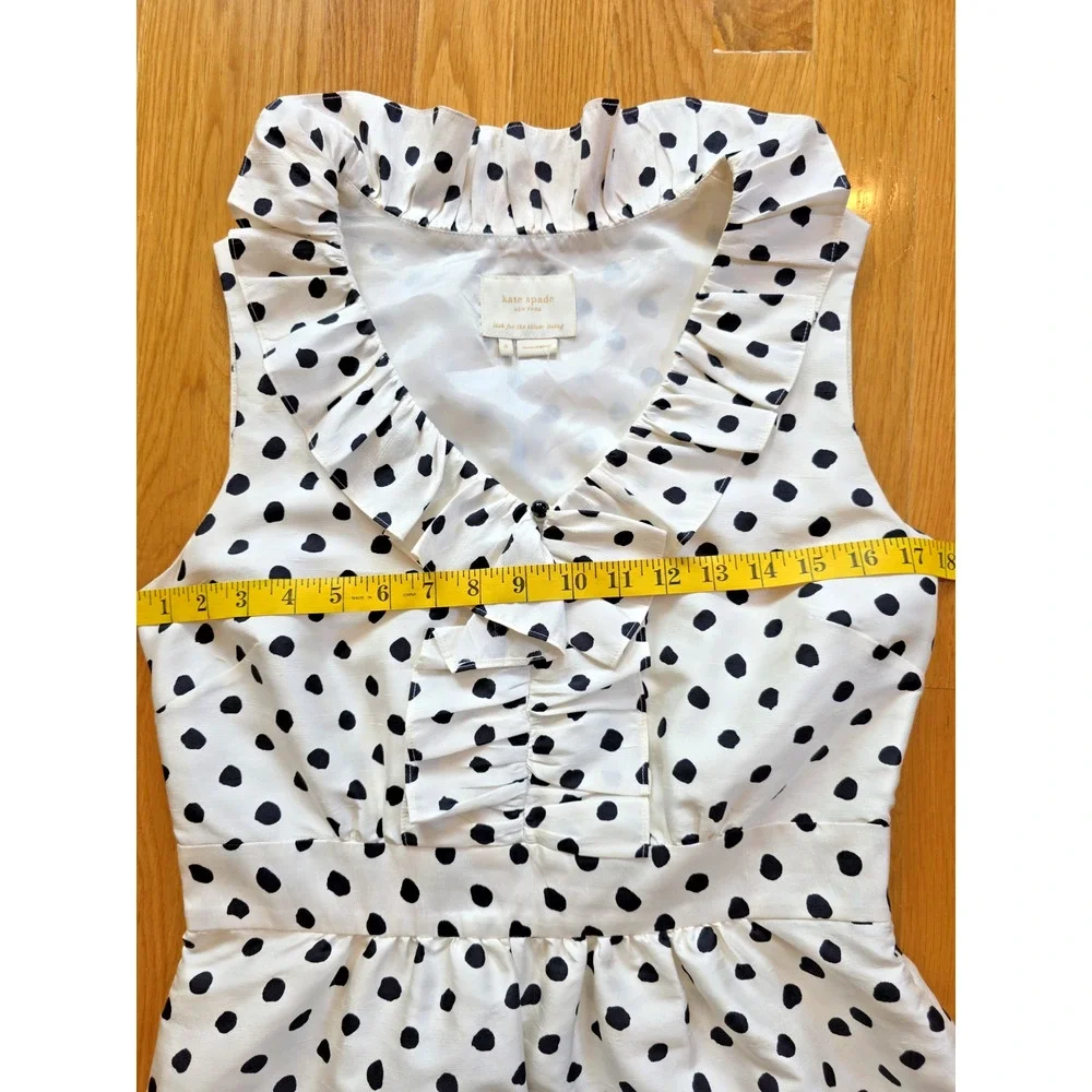 Kate Spade New York 100% Silk Polka Dot Ruffle Dress Pockets Ivory Black 8